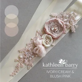 Amelia Wedding dress sash / belt - Blush pink / ivory cream / white - Color customization available