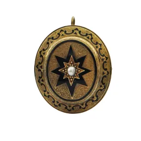 Antique Victorian Enamel and Pearl 18K Yellow Gold Mourning Locket