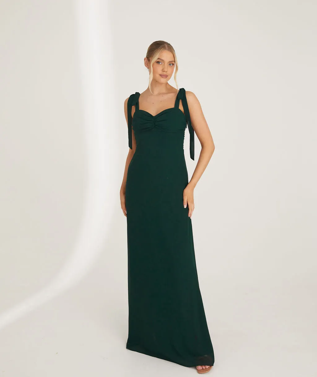 Bow Tie Shoulder Chiffon Bridesmaid Dress - Emerald