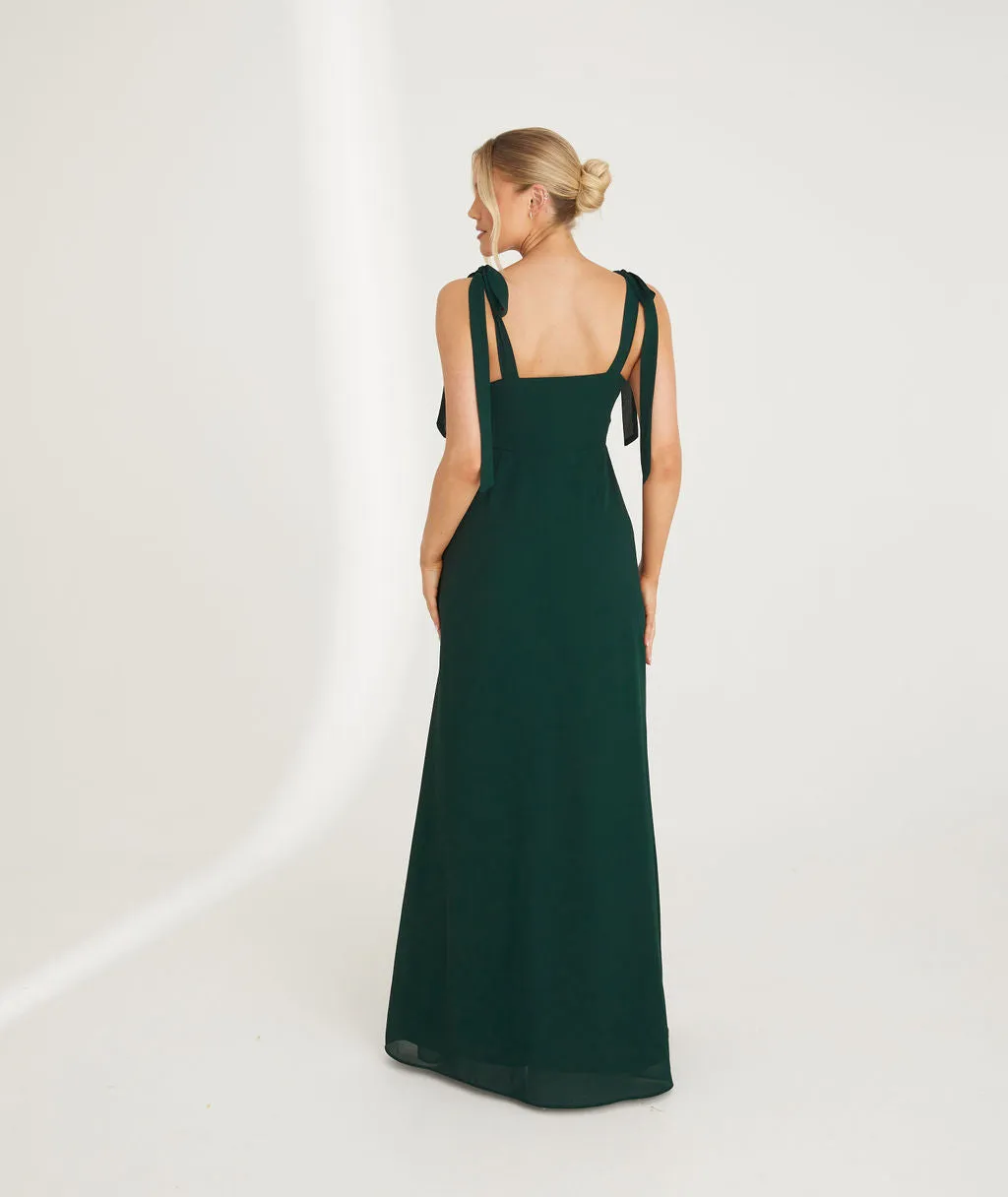 Bow Tie Shoulder Chiffon Bridesmaid Dress - Emerald