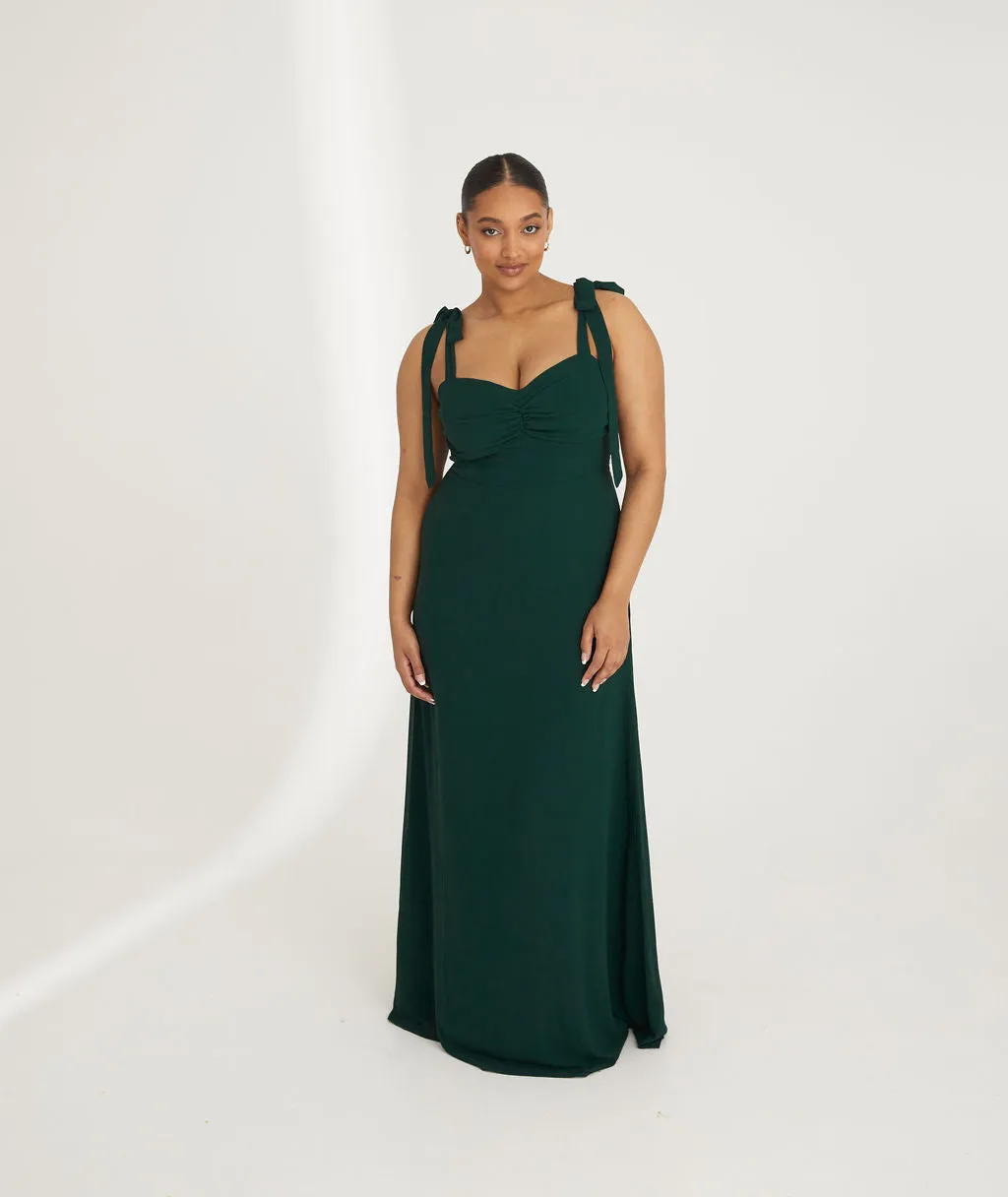 Bow Tie Shoulder Chiffon Bridesmaid Dress - Emerald