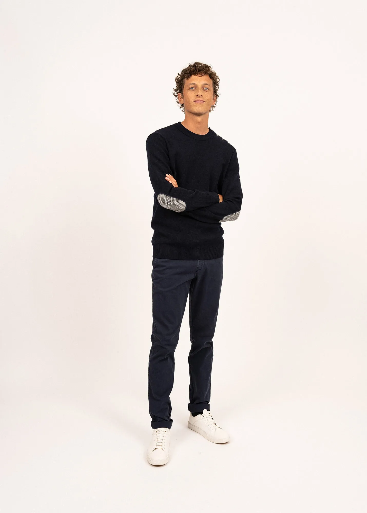 Dinan sailor jumper - with jacquard elbow patches, in pure new wool (MARINE)