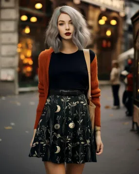 Twilight Garden Skater Skirt - Dark Academia Witchy Botanical Vegan Skirt with UPF 50  Protection from 98% harmful rays